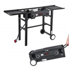 VEVOR 2 Burner Outdoor Propane Gas Stove, 150,000 BTU Propane LPG Gas Camping Stove, Foldable Heavy-duty Carbon Steel Outdoor Cooker, with Wheels & Shield & 20 PSI Regulator, for BBQ Camp Home Patio
