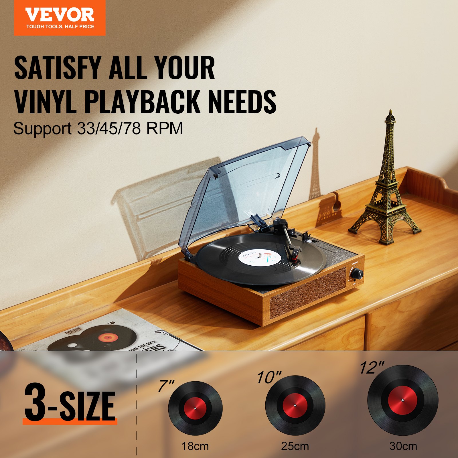 VEVOR Vinyl Record Player, 3-Speed, Belt Driven Turntable Record Player with Built-in 3W Speaker Magnetic Cartridge, Support 33/45/78 RPM Bluetooth Aux in RCA Output, for 7/10 /12 in Vinyl Records