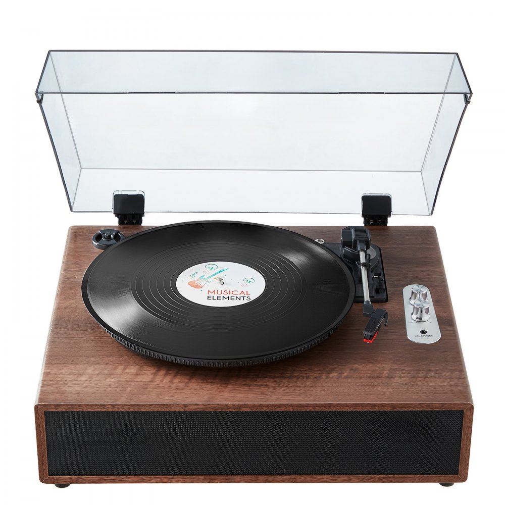 VEVOR vinyl record player with wood finish, clear dust cover, and spinning record labeled "musical elements".