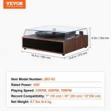 VEVOR - Tocadiscos de vinilo de 3 velocidades con transmisión por correa y altavoces estéreo integrados de 10 W, cartucho magnético, compatible con Bluetooth de 33/45/78 RPM, entrada auxiliar y salida RCA, para discos de vinilo de 7/10/12 pulgadas
