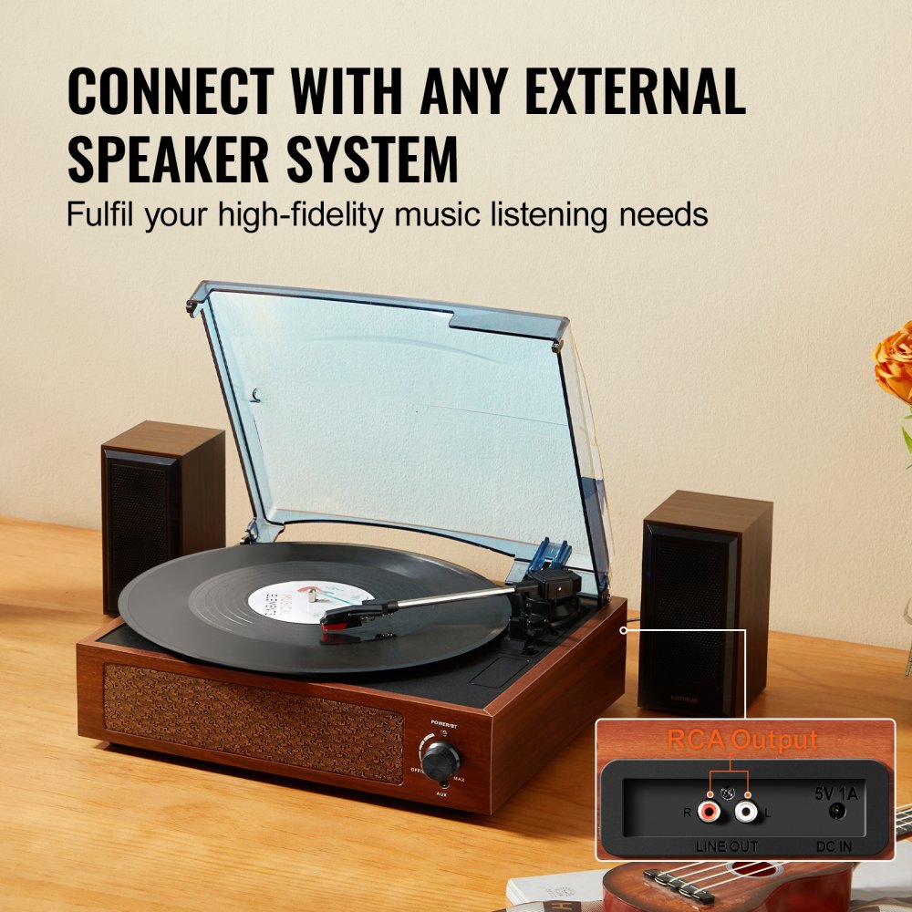 VEVOR Vinyl Record Player, 3-Speed, Belt Driven Turntable Player with Built-in 5W Stereo Speakers Magnetic Cartridge, Support 33/45/78 RPM Bluetooth Aux in RCA Output, for 7/10 /12 in Vinyl Records
