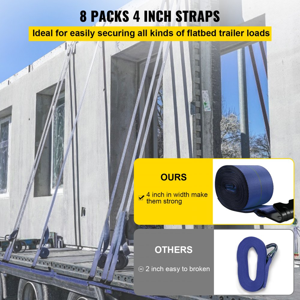 VEVOR Truck Straps 4" x30' Winch Straps with a Flat Hook Flatbed Tie Downs 15400lbs Load Capacity Flatbed Strap Cargo Control for Flatbeds, Trucks, Trailers, Farms, Rescues, Tree Saver, Blue(8 Pack)