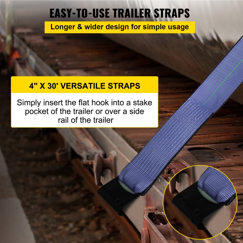 VEVOR Truck Straps 4" x30' Winch Straps with a Flat Hook Flatbed Tie Downs 15400lbs Load Capacity Flatbed Strap Cargo Control for Flatbeds, Trucks, Trailers, Farms, Rescues, Tree Saver, Blue(8 Pack)