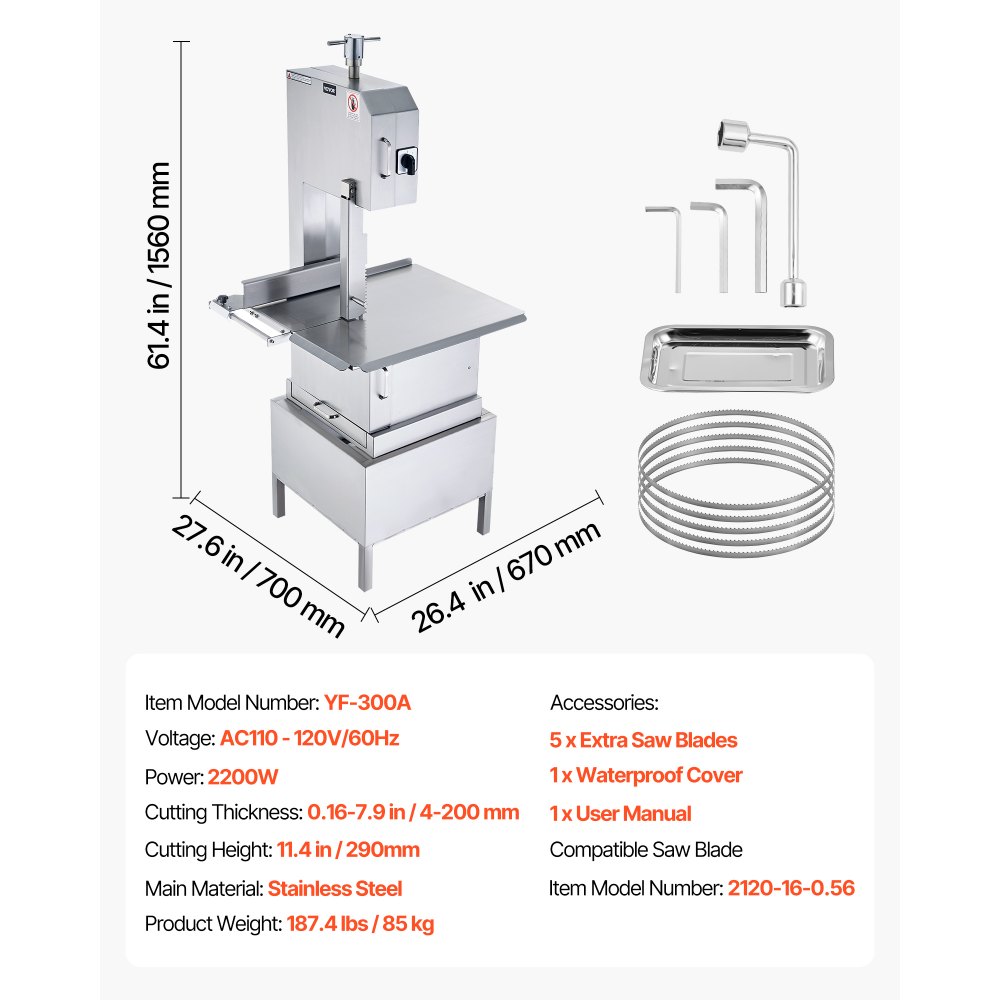 VEVOR 2200W Commercial Electric Meat Bandsaw Stainless Steel Bone Sawing Machine