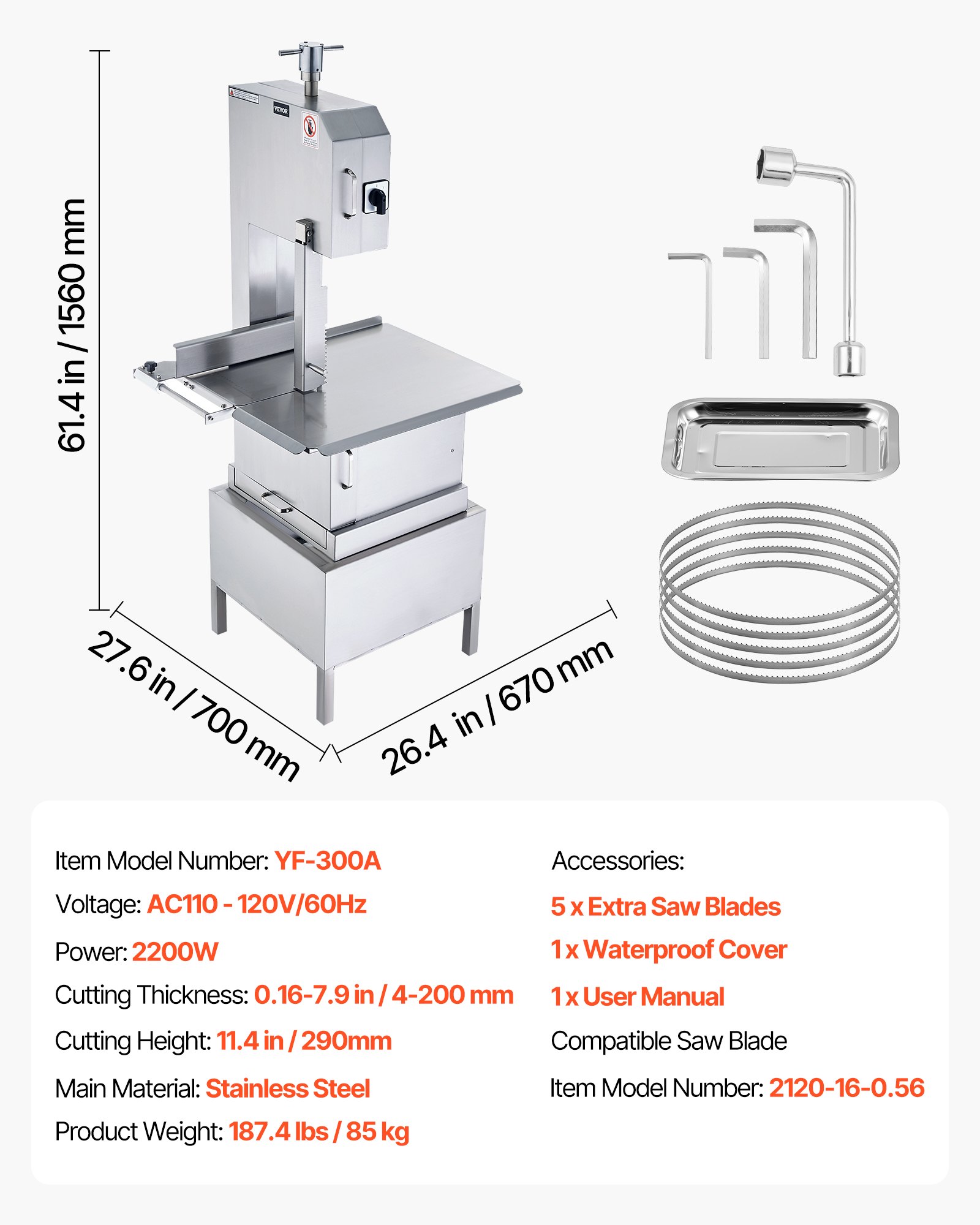 VEVOR 2200W Commercial Electric Meat Bandsaw Stainless Steel Bone Sawing Machine