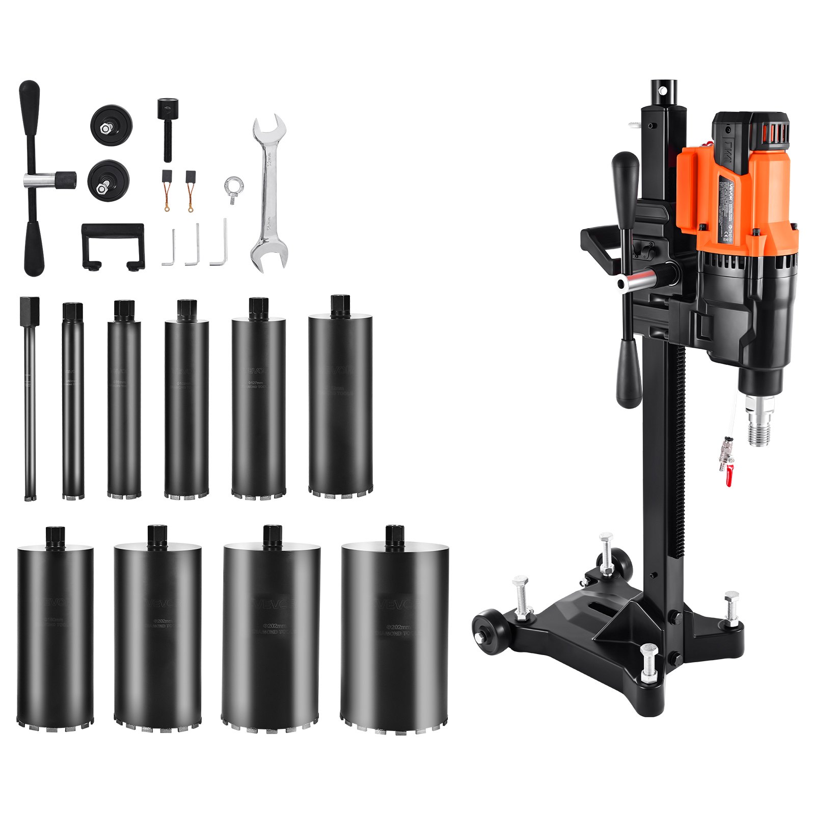 VEVOR Diamond Core Drilling Machine, 20-254 mm Drilling Diameter, Stand-Mount Dry and Wet Concrete Core Drill Rig with 10 Bits, 535/920 RPM 2-Speed, UNC1 1/4-7 Thread, for Concrete Brick Stone, 2500W