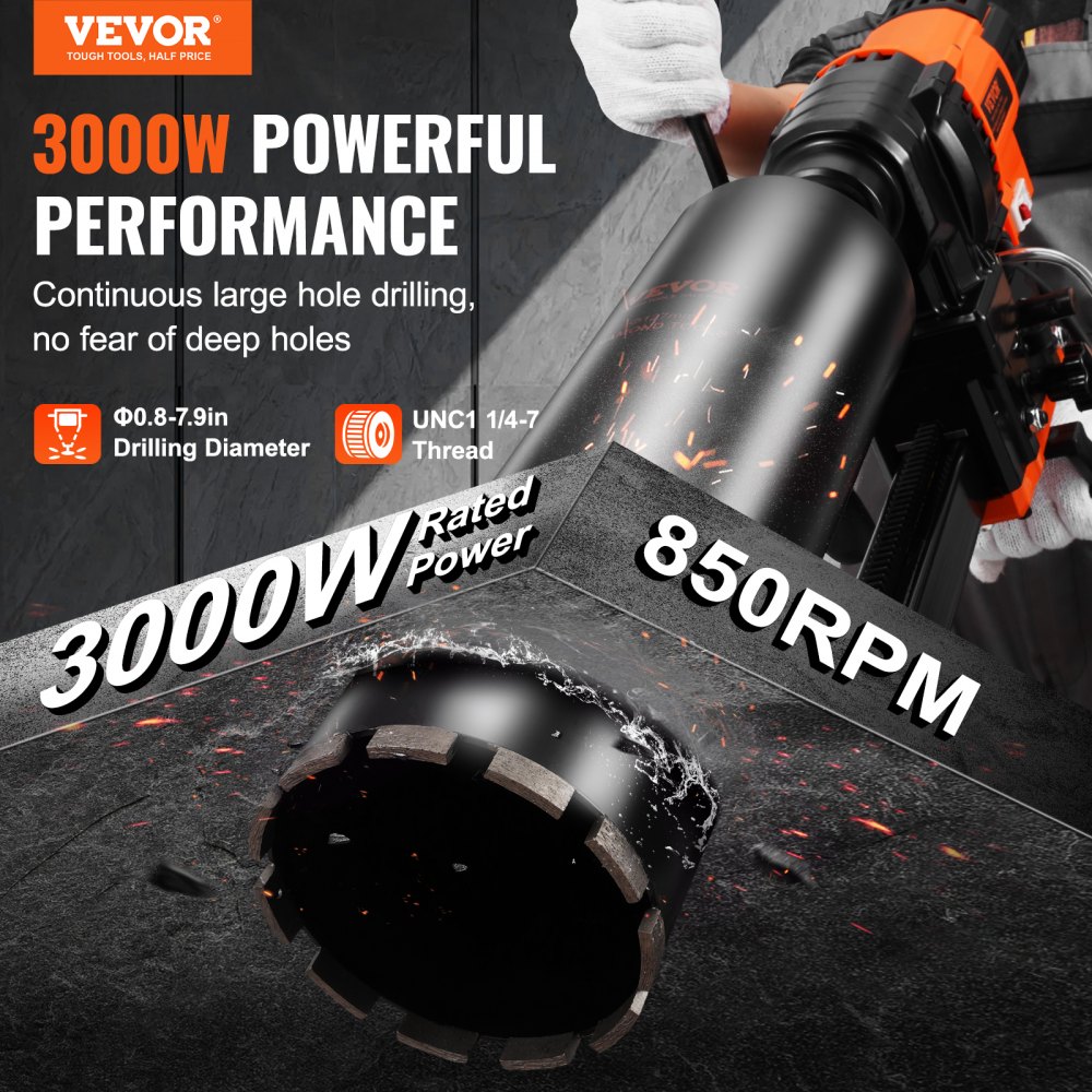VEVOR Core Drill Machine 2.03-20.1 cm Dia 3000W Diamond Core Drill Rig with Stand