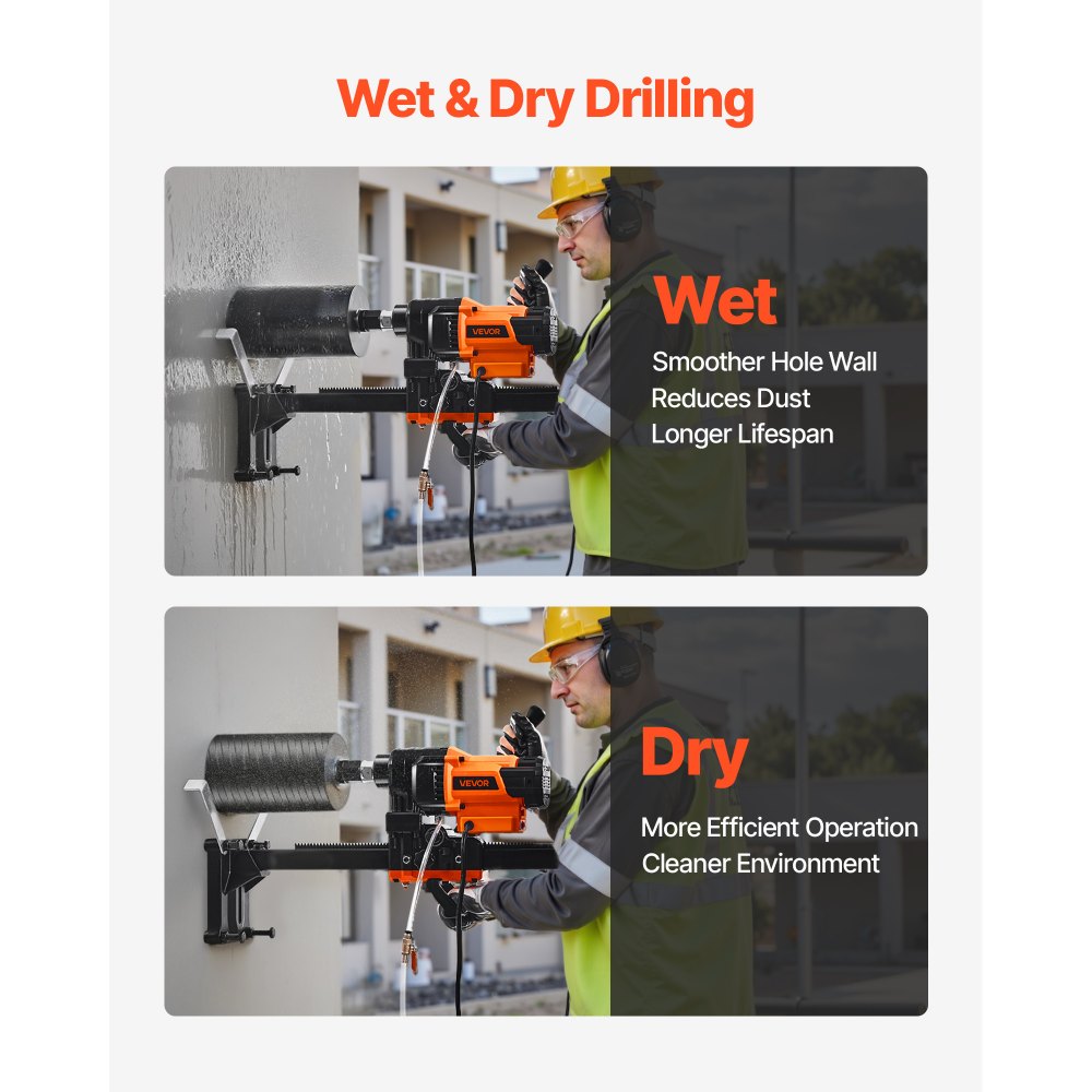 VEVOR Diamond Core Drilling Machine, 20-200 mm Drilling Diameter, Stand-Mount Dry and Wet Concrete Core Drill Rig with 8 Drill Bits, 850 RPM Speed, UNC1 1/4-7 Thread, for Concrete Brick Stone, 3000W