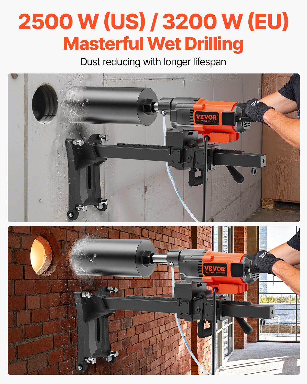 VEVOR Diamond Core Drilling Machine, 10in Wet Concrete Core Drill Rig with Stand Wheels, 750RPM Speed & 1-1/4" Thread & Lifting Handle, 10in Drilling Diameter for Concrete Brick Block Stone, 2500W