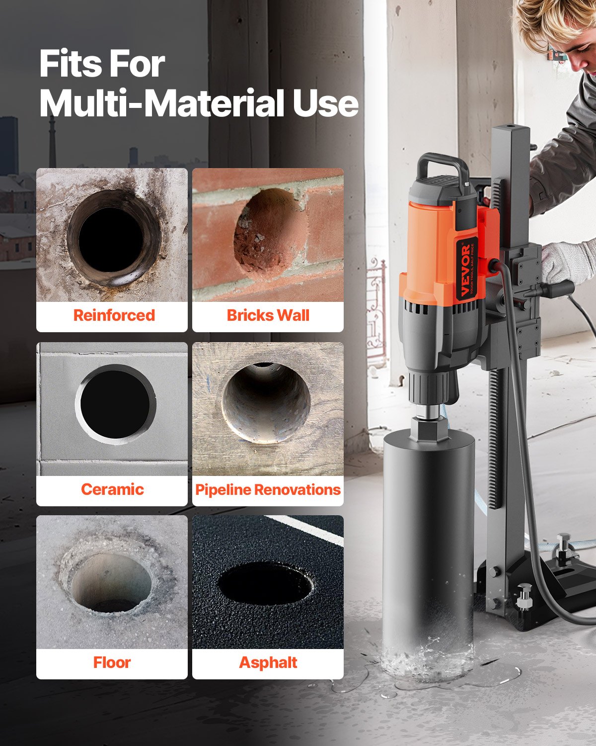 VEVOR Diamond Core Drilling Machine, 10in Wet Concrete Core Drill Rig with Stand Wheels, 750RPM Speed & 1-1/4" Thread & Lifting Handle, 10in Drilling Diameter for Concrete Brick Block Stone, 2500W