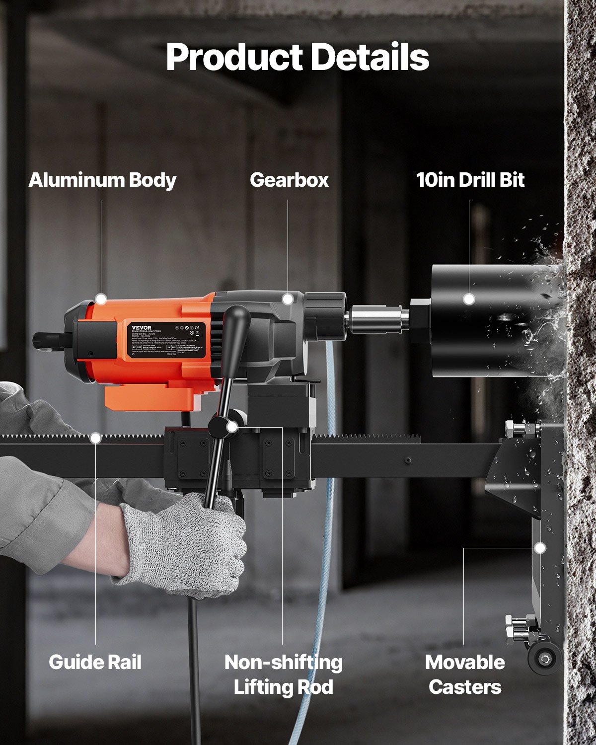 VEVOR Diamond Core Drilling Machine, 10in Wet Concrete Core Drill Rig with Stand Wheels, 750RPM Speed & 1-1/4" Thread & Lifting Handle, 10in Drilling Diameter for Concrete Brick Block Stone, 2500W