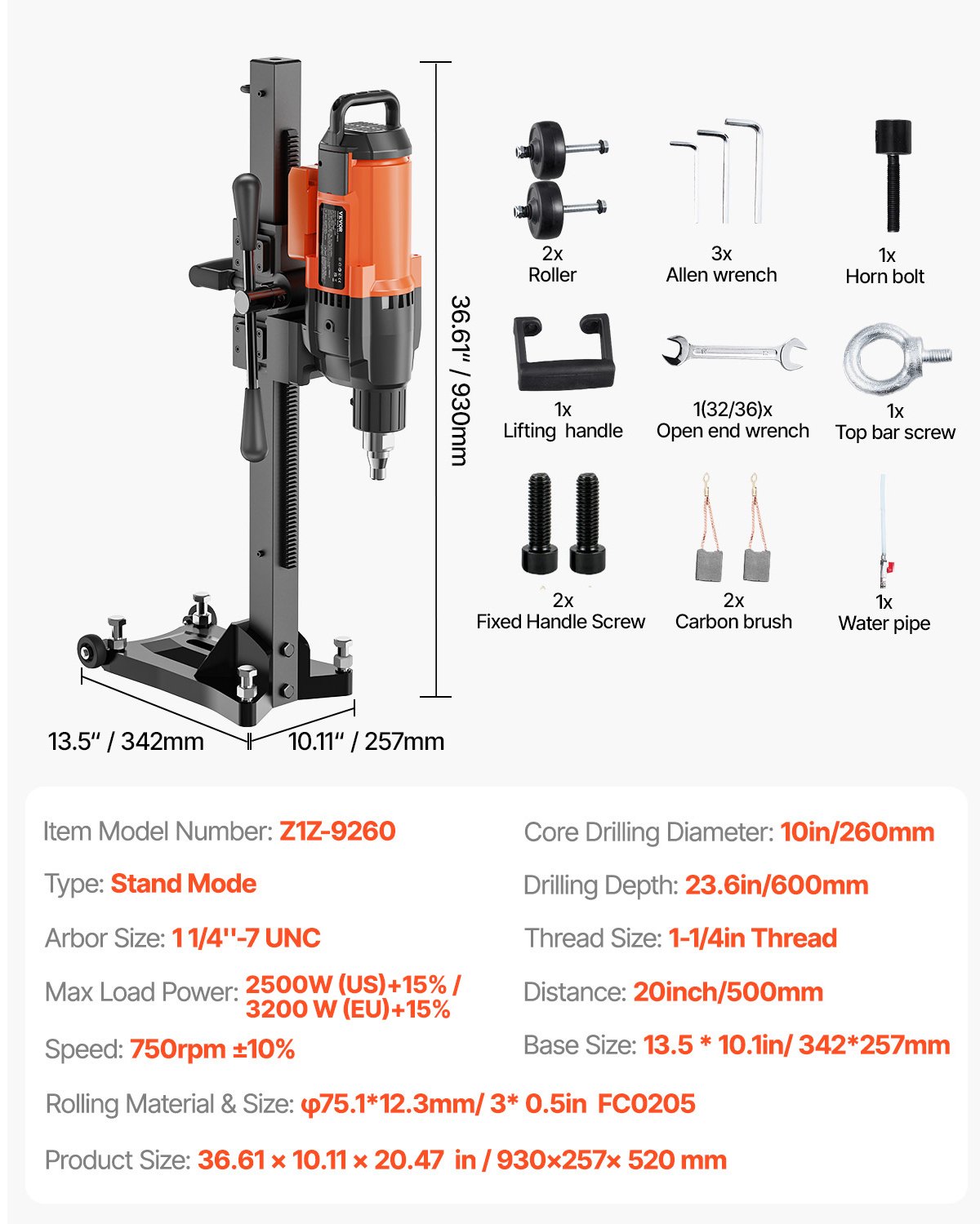 VEVOR Diamond Core Drilling Machine, 10in Wet Concrete Core Drill Rig with Stand Wheels, 750RPM Speed & 1-1/4" Thread & Lifting Handle, 10in Drilling Diameter for Concrete Brick Block Stone, 2500W