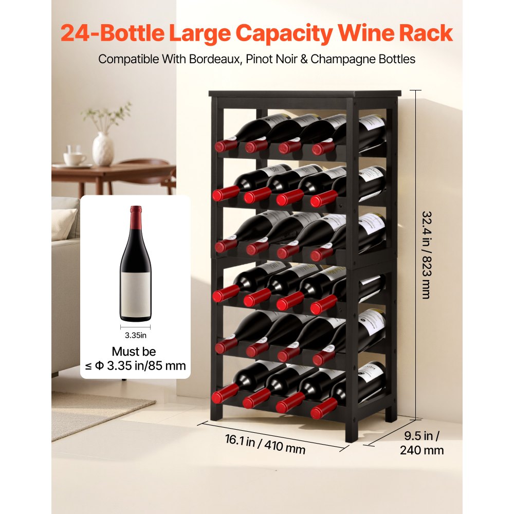 VEVOR 24 Bottle Detachable Wine Rack, 6-Tier Wine Bottle Holder,Solid Bamboo Wood Freestanding Floor Display Wine Storage Shelves with Table Top, for Kitchen,Cellar,Bar,Dining Room,Living Room(Black)