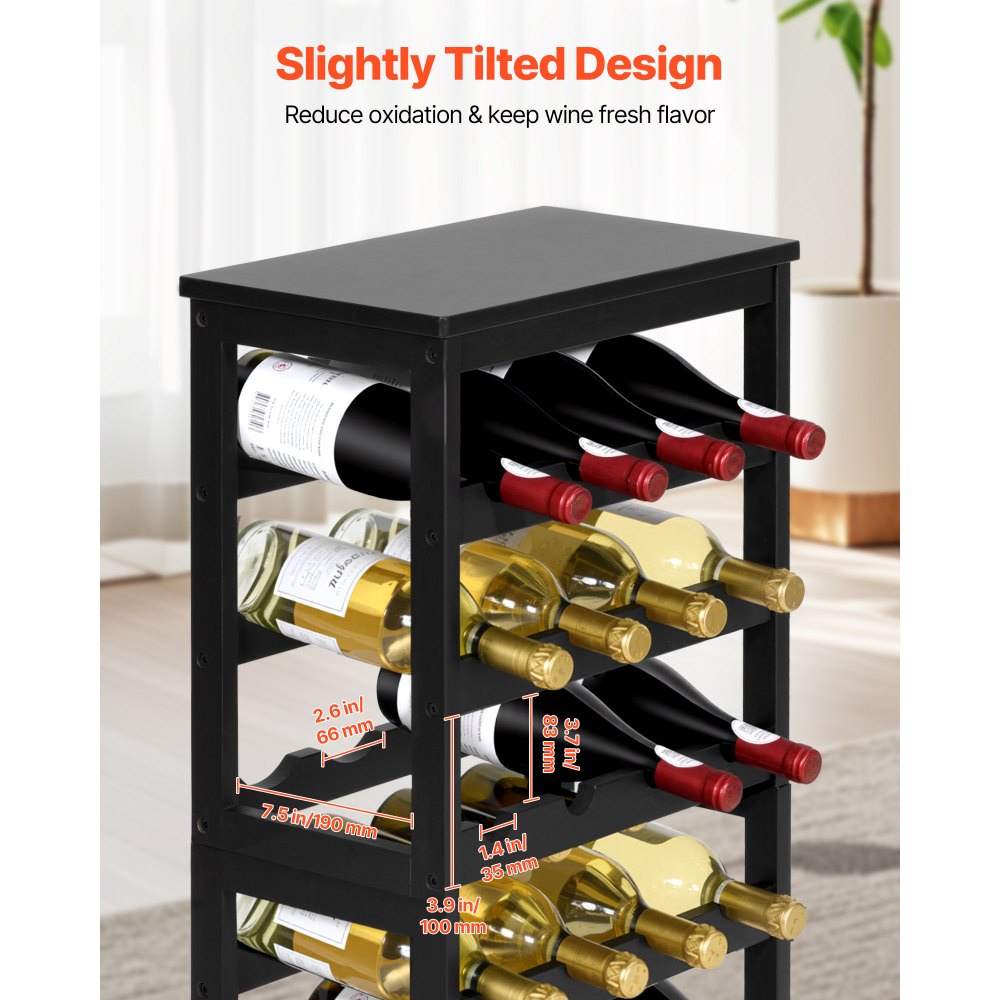 VEVOR 24 Bottle Detachable Wine Rack, 6-Tier Wine Bottle Holder,Solid Bamboo Wood Freestanding Floor Display Wine Storage Shelves with Table Top, for Kitchen,Cellar,Bar,Dining Room,Living Room(Black)