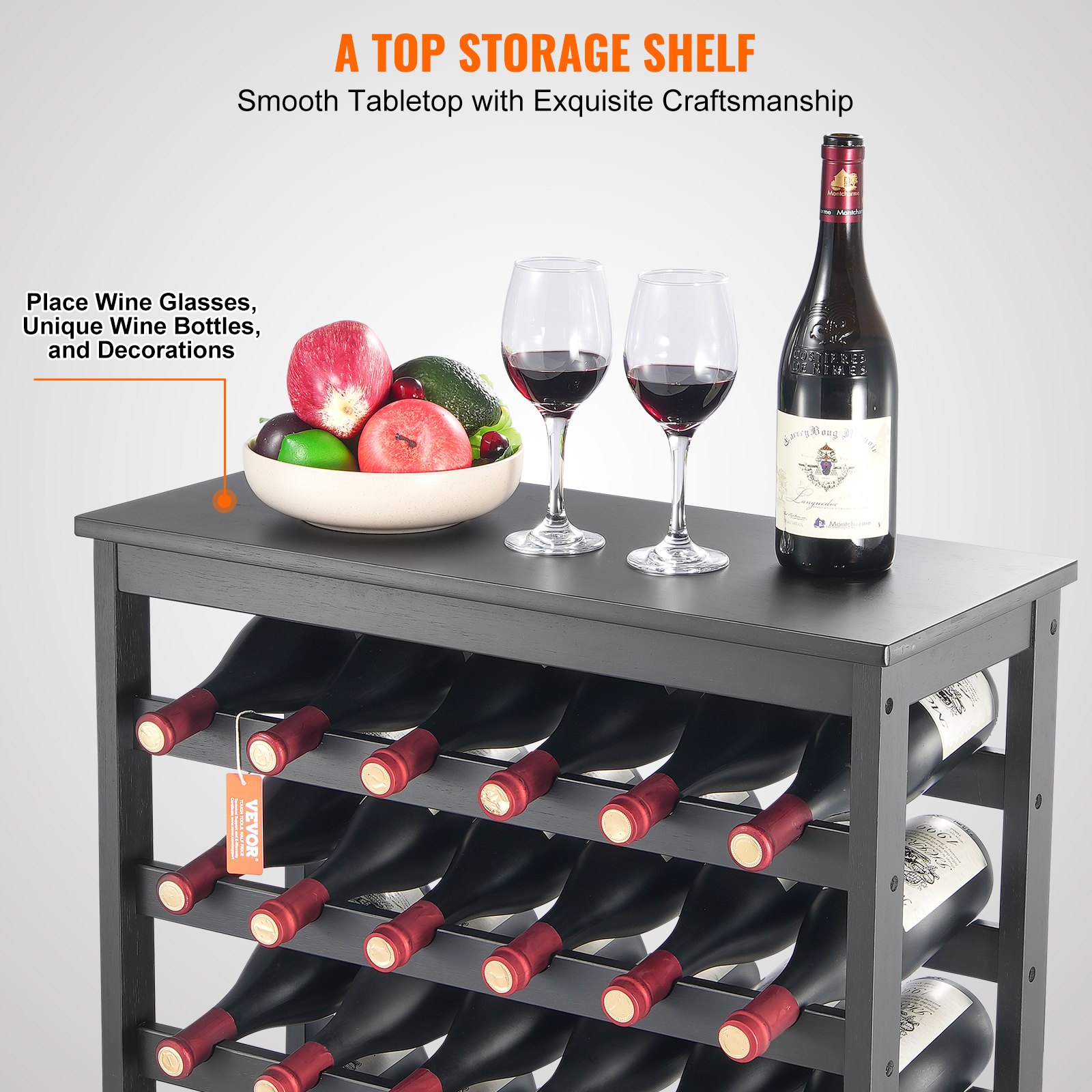 VEVOR 42 Bottle Modular Wine Rack, 7-Tier Solid Bamboo Wood Storage Racks with Table Top, Floor Freestanding Wines Holder Display Shelf, Wobble-Free Shelves for Kitchen, Bar, and Cellar (Black)