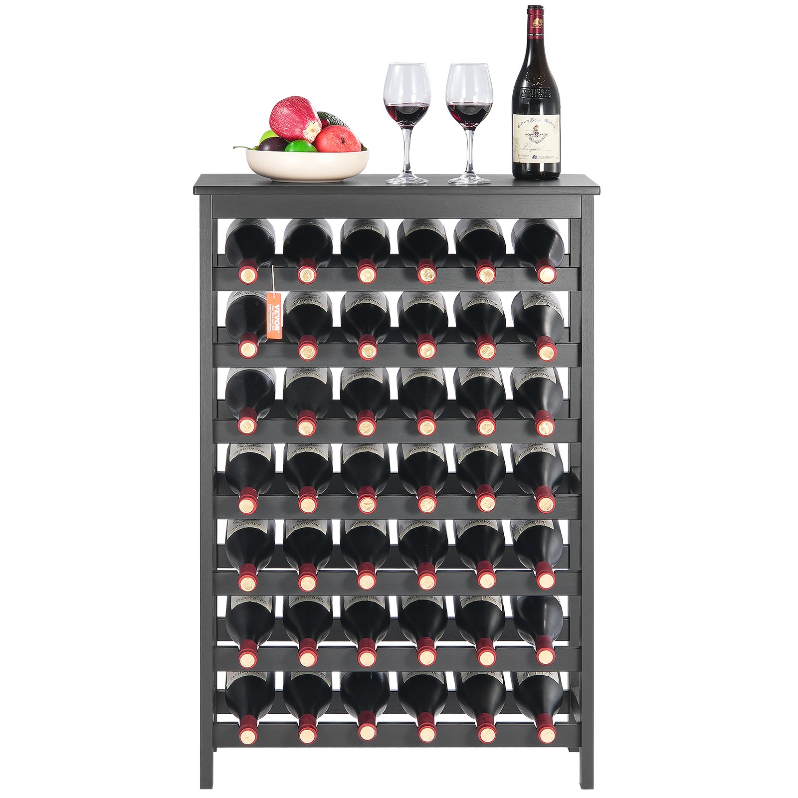 VEVOR 42 Bottle Modular Wine Rack, 7-Tier Solid Bamboo Wood Storage Racks with Table Top, Floor Freestanding Wines Holder Display Shelf, Wobble-Free Shelves for Kitchen, Bar, and Cellar (Black)