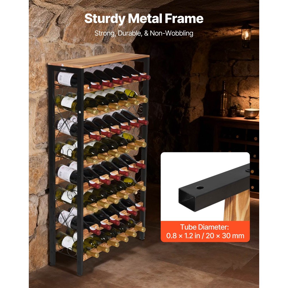 VEVOR 48 Bottle Wine Rack,8-Tier Iron Wine Bottle Holder With Wood Table Top,Freestanding Floor Display Wine Storage Shelves,For Kitchen Pantry, Cellar, Bar, Dining Room,26''L X 9.3''W X 46.9''H