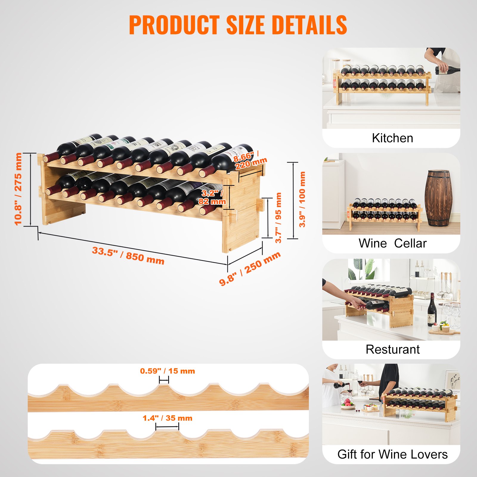 VEVOR 18 Bottle Stackable Modular Wine Rack, 2-Tier Solid Bamboo Wood Storage Racks, Floor Freestanding Wines Holder Display Shelf, Wobble-Free Shelves for Kitchen, Bar, and Cellar (Natural Color)