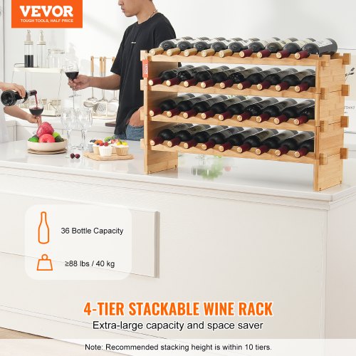 VEVOR 36 Bottle Stackable Modular Wine Rack, 4-Tier Solid Bamboo