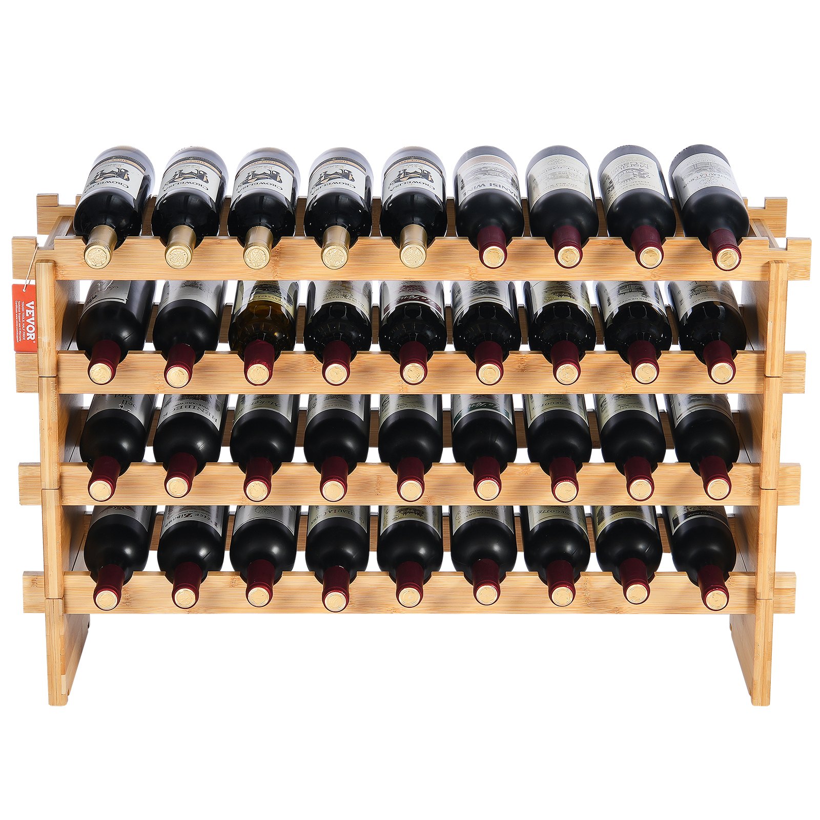 VEVOR 36 Bottle Stackable Modular Wine Rack, 4-Tier Solid Bamboo Wood Storage Racks, Floor Freestanding Wines Holder Display Shelf, Wobble-Free Shelves for Kitchen, Bar, and Cellar (Natural Color)