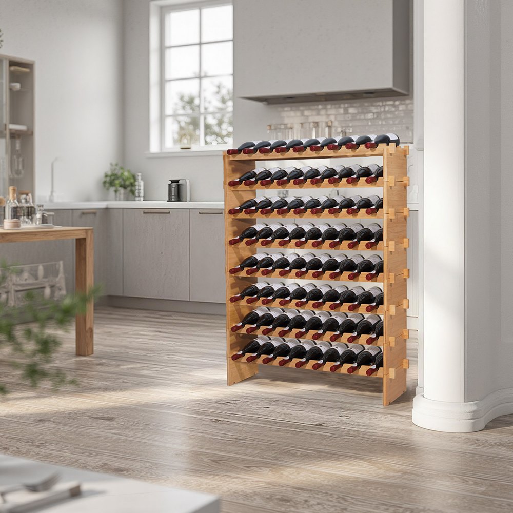 VEVOR 72 Bottle Stackable Modular Wine Rack, 8-Tier, Floor Freestanding Wine Storage Rack, Sturdy Wines Holder Display Shelf, Wobble-Free Shelves, Easy Assembly, for Kitchen, Cellar, and Bar, Natural