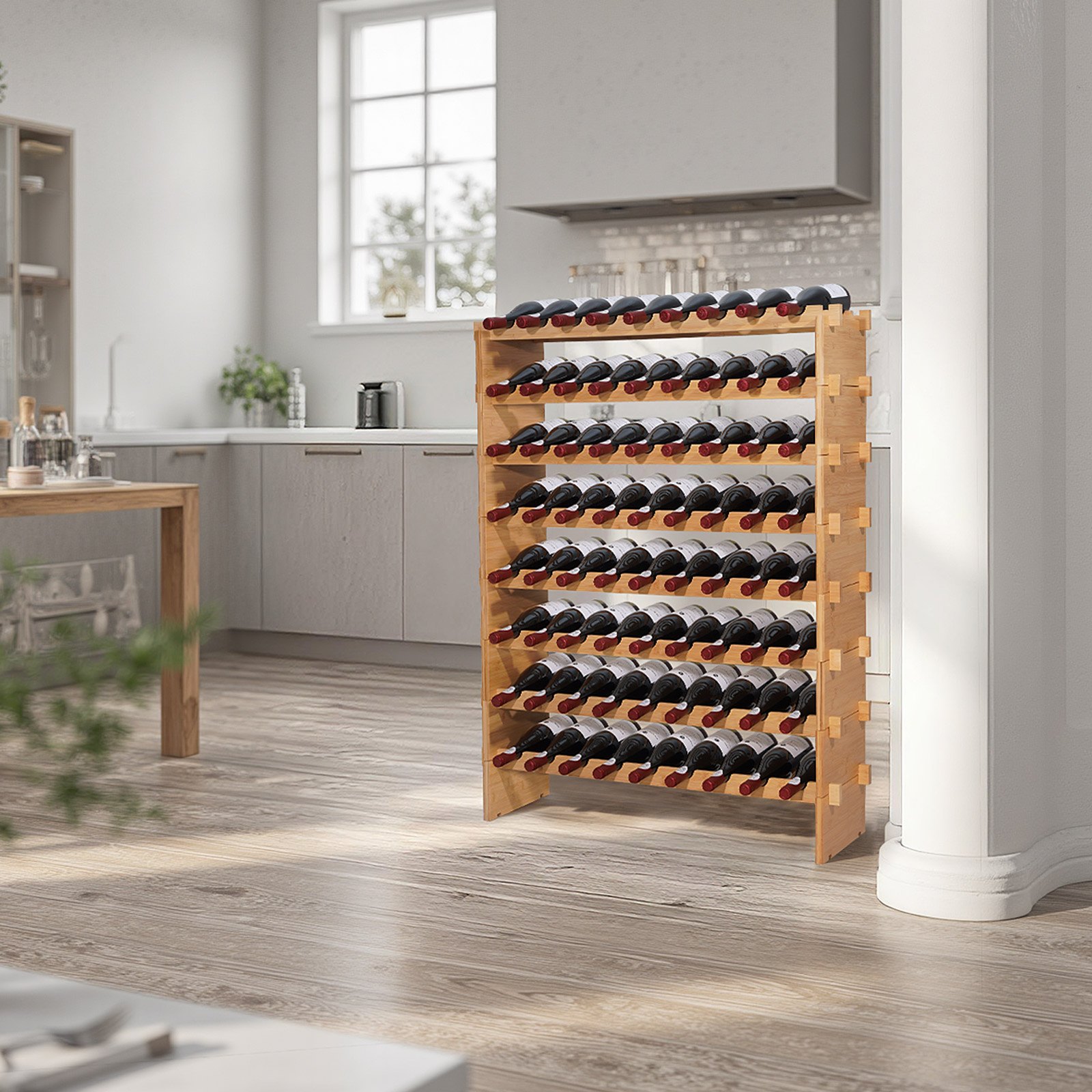 VEVOR 72 Bottle Stackable Modular Wine Rack, 8-Tier, Floor Freestanding Wine Storage Rack, Sturdy Wines Holder Display Shelf, Wobble-Free Shelves, Easy Assembly, for Kitchen, Cellar, and Bar, Natural