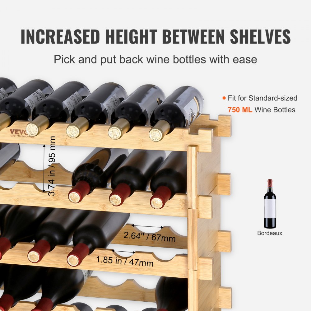 VEVOR 48 Bottle Stackable Modular Wine Rack, 6-Tier Solid Bamboo Wood Storage Racks, Floor Freestanding Wines Holder Display Shelf, Wobble-Free Shelves for Kitchen, Bar, and Cellar (Natural Color)