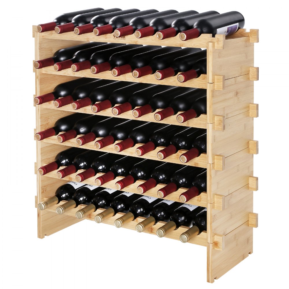 VEVOR 48 Bottle Stackable Modular Wine Rack, 6-Tier Solid Bamboo Wood Storage Racks, Floor Freestanding Wines Holder Display Shelf, Wobble-Free Shelves for Kitchen, Bar, and Cellar (Natural Color)