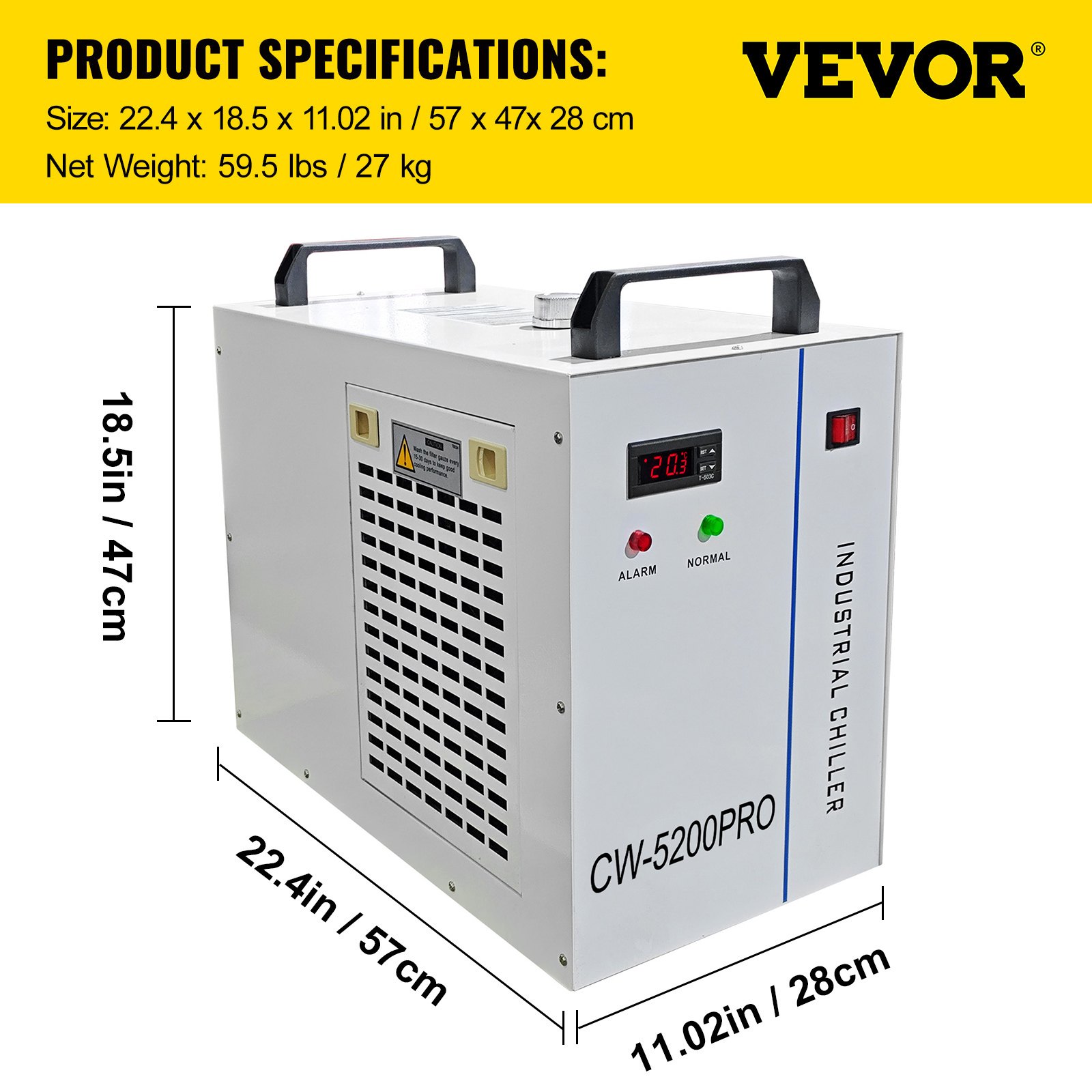 VEVOR Industrial Chiller, CW5200 Industrial Water Chiller, 1400W Cooling Capacity, 6L Capacity Cooling Water, Precise Thermostat Recirculating Chiller for 130/150W Engraving Machine Cooling Machine