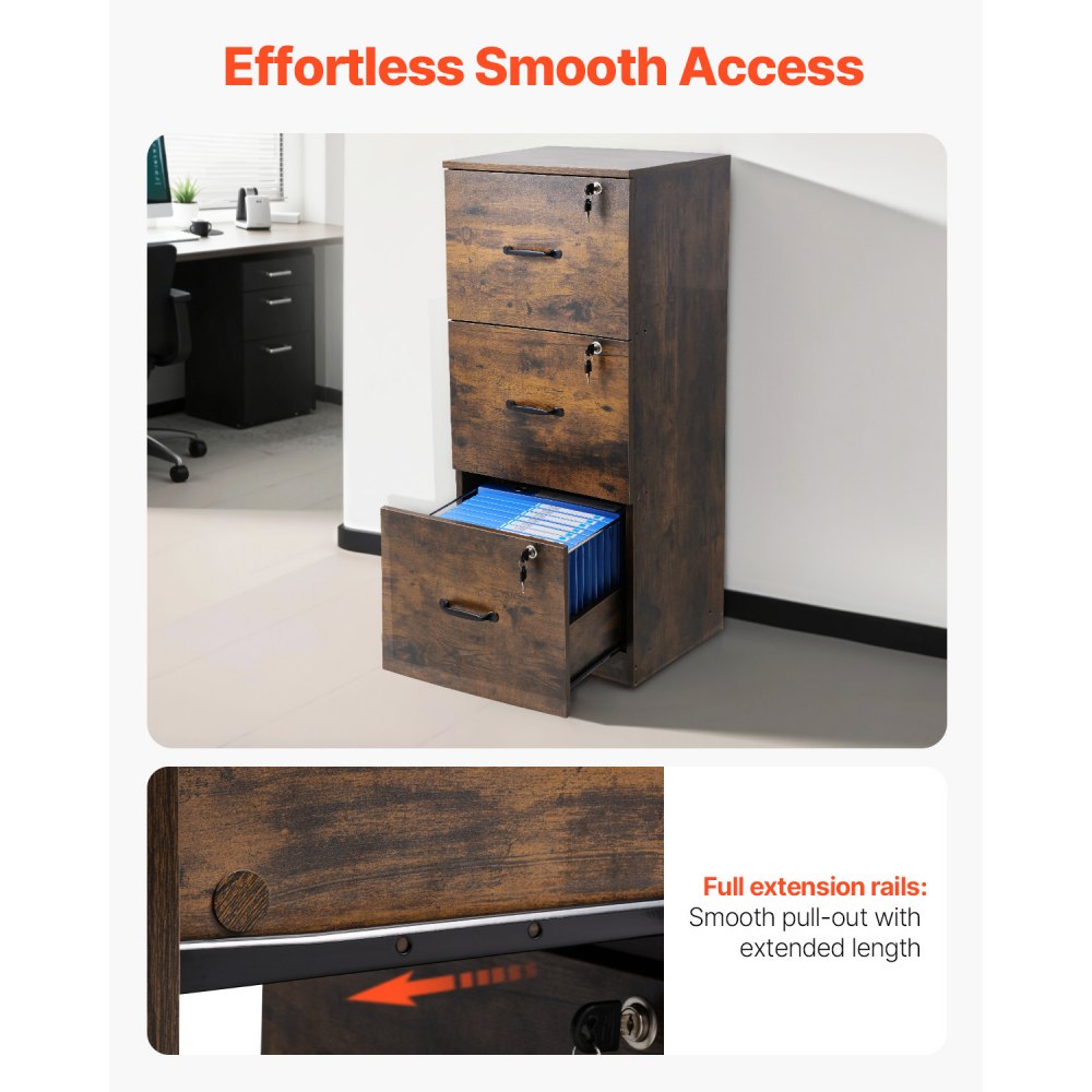VEVOR 3 Drawer File Cabinet with Lock, Vertical Filing Storage Cabinets for Home Office, Heavy-Duty Locking Cabinet with 2-Level Adjustable Hanging Rod for A4/Letter/Legal Size File, Easy Assembly