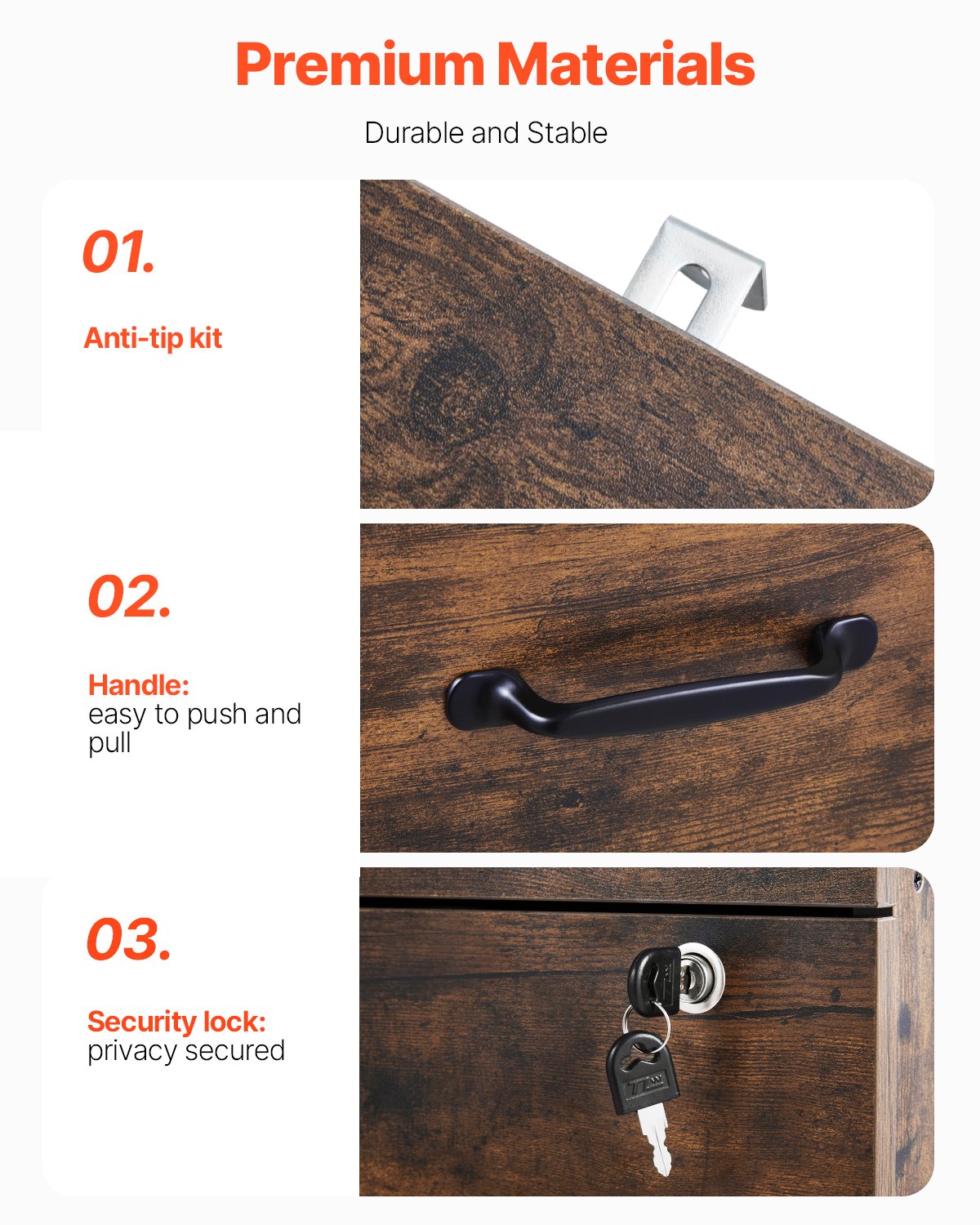 VEVOR 3 Drawer File Cabinet with Lock, Vertical Filing Storage Cabinets for Home Office, Heavy-Duty Locking Cabinet with 2-Level Adjustable Hanging Rod for A4/Letter/Legal Size File, Easy Assembly