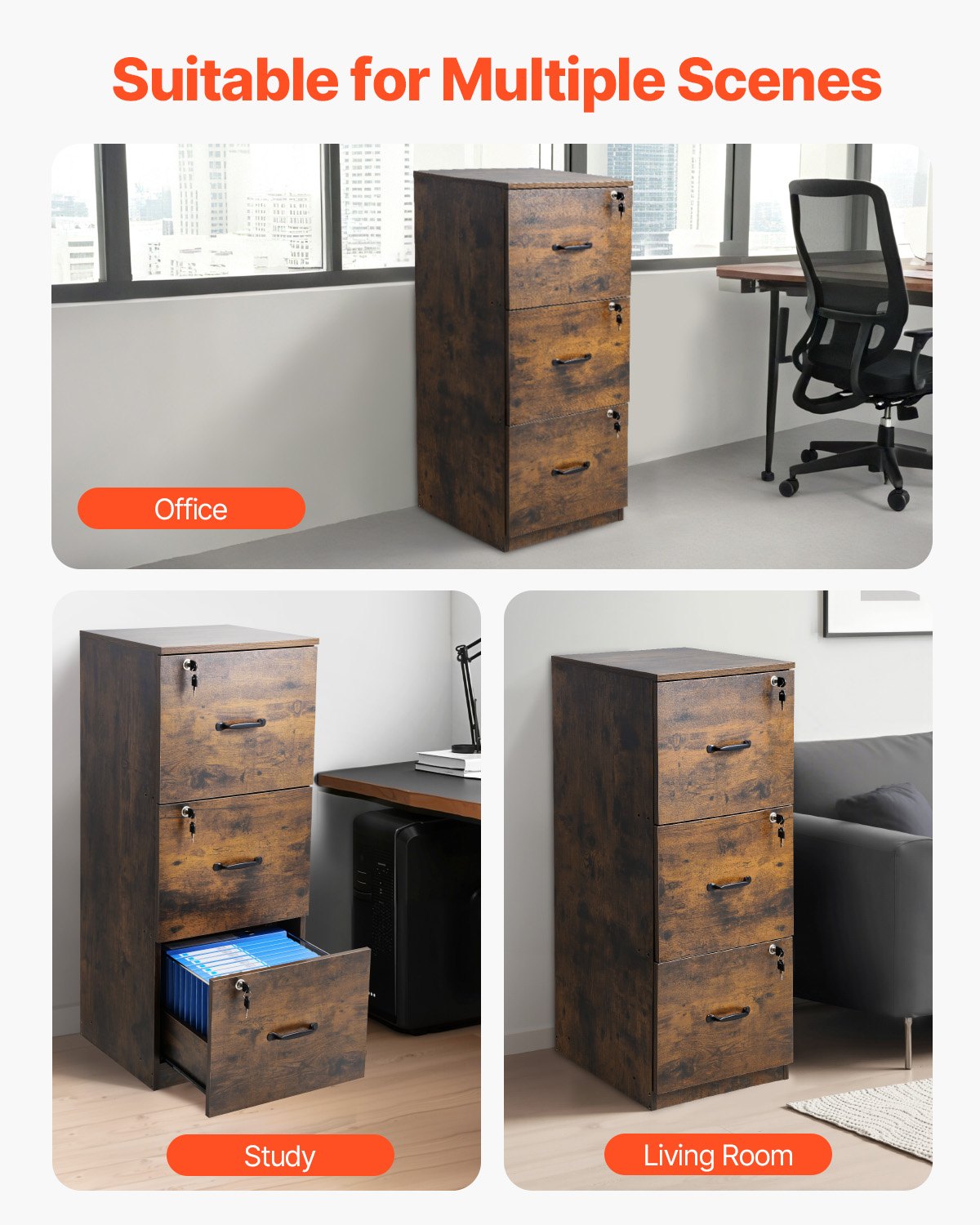 VEVOR 3 Drawer File Cabinet with Lock, Vertical Filing Storage Cabinets for Home Office, Heavy-Duty Locking Cabinet with 2-Level Adjustable Hanging Rod for A4/Letter/Legal Size File, Easy Assembly