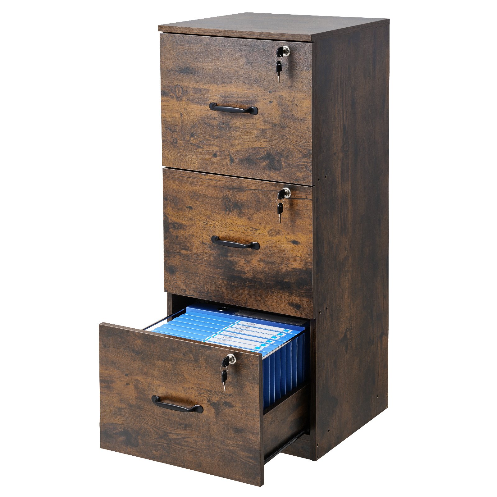 VEVOR 3 Drawer File Cabinet with Lock, Vertical Filing Storage Cabinets for Home Office, Heavy-Duty Locking Cabinet with 2-Level Adjustable Hanging Rod for A4/Letter/Legal Size File, Easy Assembly