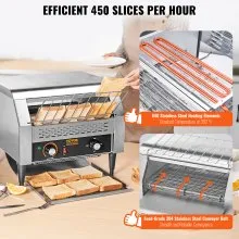 VEVOR Commercial Conveyor Toaster, 450 Slices/Hour Conveyor Belt Toaster, Heavy Duty Stainless Steel Commercial Toaster Oven, Electric Restaurant Commercial Toaster for Toast Bun, Bagel, Bread