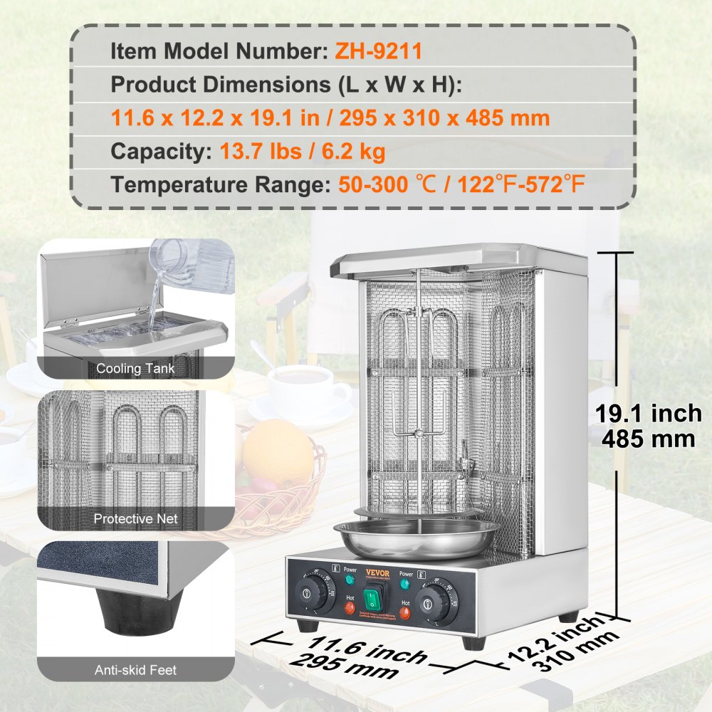 VEVOR Shawarma Grill Machine, 13lbs Capacity, Chicken Shawarma Cooker Machine with 2 Burners, 122℉-572℉ Electric Vertical Broiler Gyro Rotisserie Oven Doner Kebab Machine for Home/Commercial Use