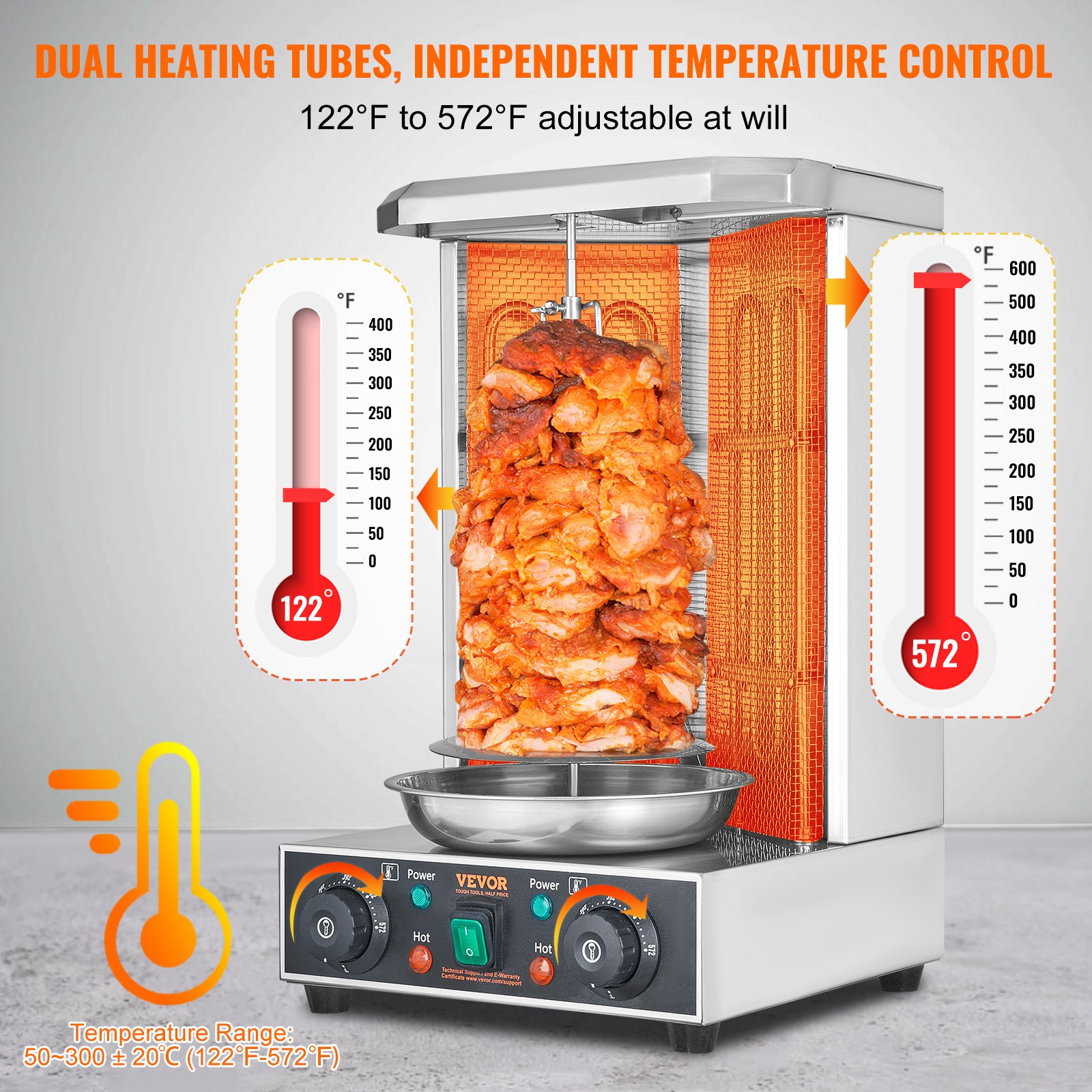 VEVOR Shawarma Grill Machine, 13lbs Capacity, Chicken Shawarma Cooker Machine with 2 Burners, 122℉-572℉ Electric Vertical Broiler Gyro Rotisserie Oven Doner Kebab Machine for Home/Commercial Use