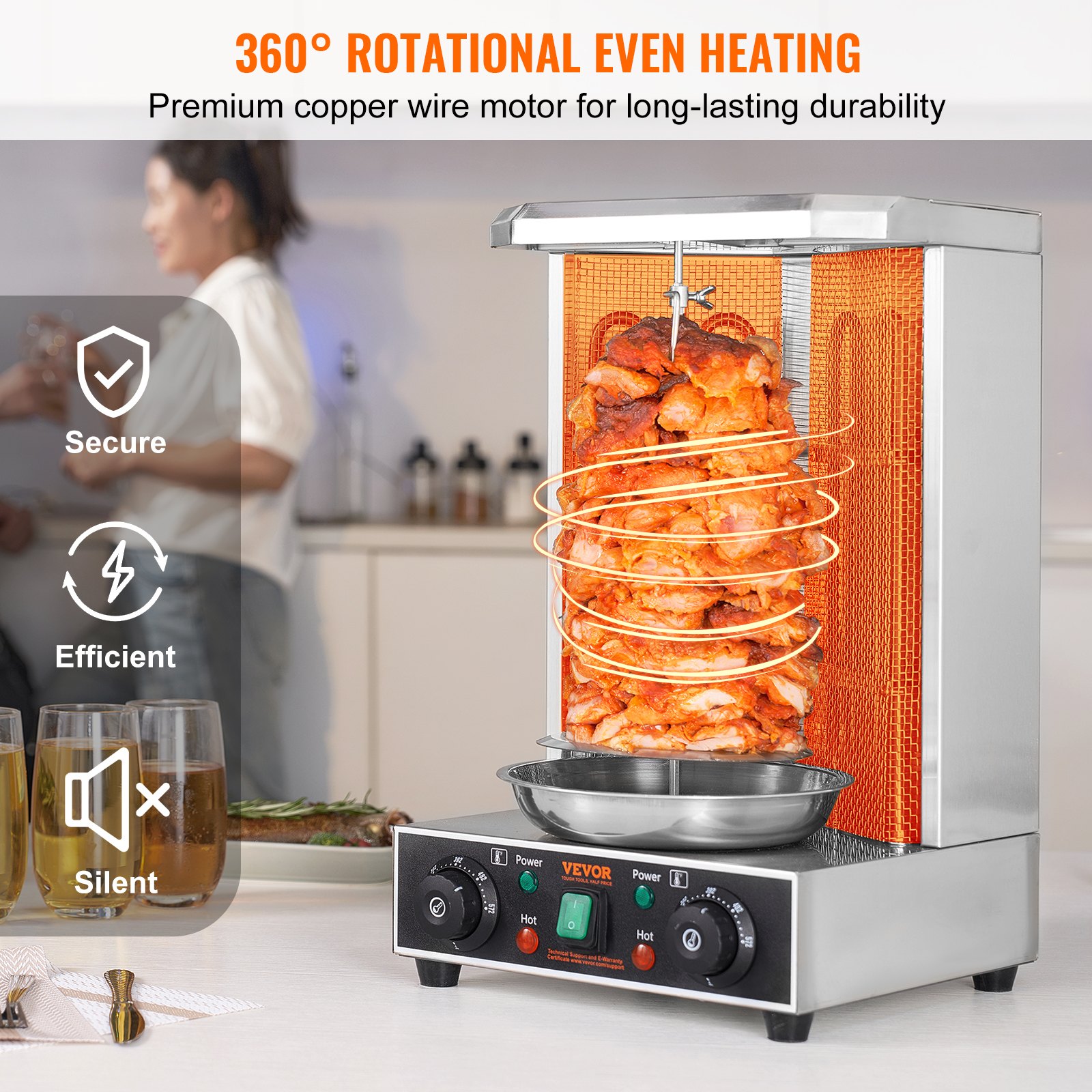 VEVOR Shawarma Grill Machine, 13lbs Capacity, Chicken Shawarma Cooker Machine with 2 Burners, 122℉-572℉ Electric Vertical Broiler Gyro Rotisserie Oven Doner Kebab Machine for Home/Commercial Use