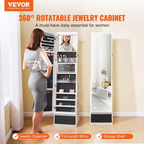 Jewelry Organizer Cabinet With Full-Length Mirror – 360° Rotating, LED Lights, Lockable Drawers, White Finish