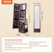 VEVOR Mirror Jewelry Cabinet 360° Swivel Standing Mirror with Storage Brown