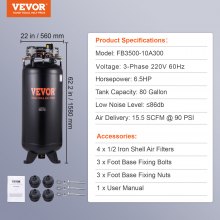 VEVOR 80 Gallon Air Compressor, 6.5HP 15.5SCFM@90 PSI, 2-Stage 145PSI Oil Free Stationary Air Compressor Tank for Industrial Manufacturing, Construction Sites, Auto Repair (3-Phase Power)