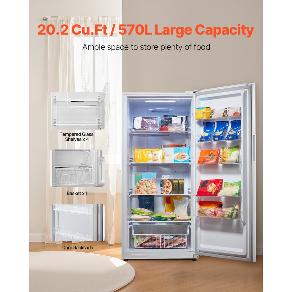 VEVOR Convertible Freezer/Refrigerator, 20.2 Cu.Ft Frost Free Upright Freezer with Temp Control Panel, Door Open too Long Alarm, Adjustable Shelves and LED, Standing Fridge for Kitchen, Office, Garage
