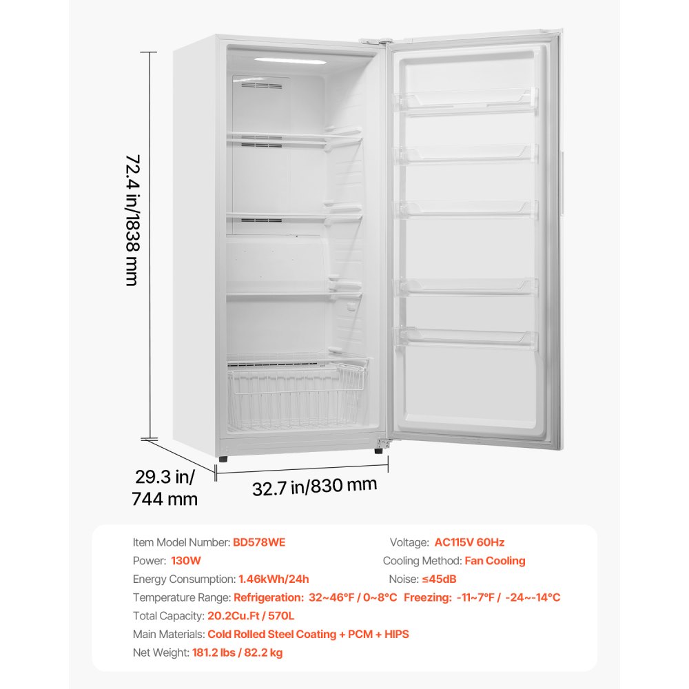 VEVOR Convertible Freezer/Refrigerator, 20.2 Cu.Ft Frost Free Upright Freezer with Temp Control Panel, Door Open too Long Alarm, Adjustable Shelves and LED, Standing Fridge for Kitchen, Office, Garage