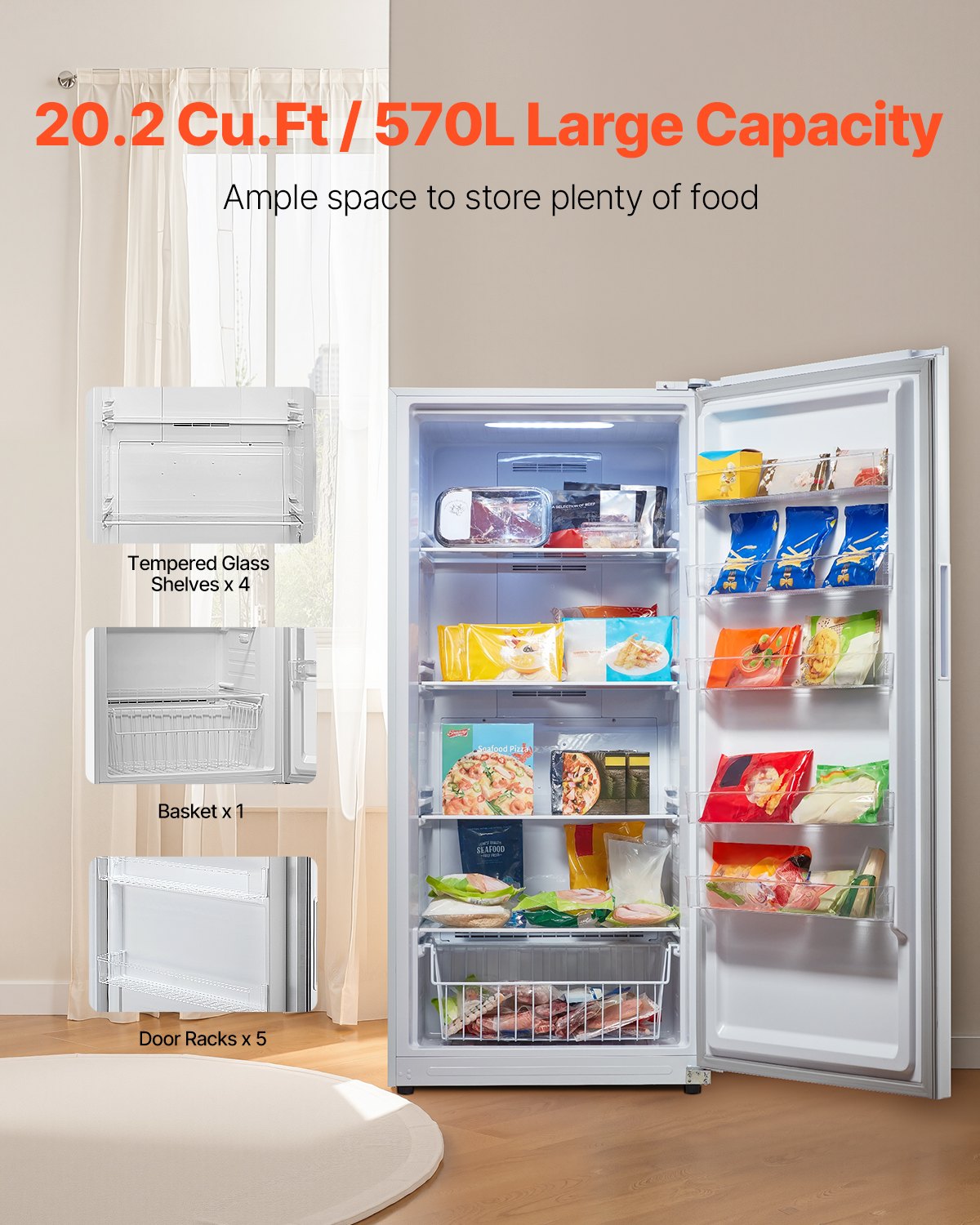 VEVOR Convertible Freezer/Refrigerator, 20.2 Cu.Ft Frost Free Upright Freezer with Temp Control Panel, Door Open too Long Alarm, Adjustable Shelves and LED, Standing Fridge for Kitchen, Office, Garage