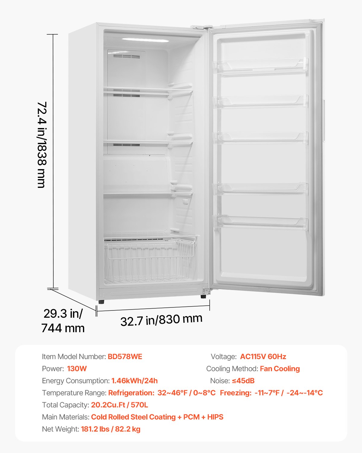 VEVOR Convertible Freezer/Refrigerator, 20.2 Cu.Ft Frost Free Upright Freezer with Temp Control Panel, Door Open too Long Alarm, Adjustable Shelves and LED, Standing Fridge for Kitchen, Office, Garage