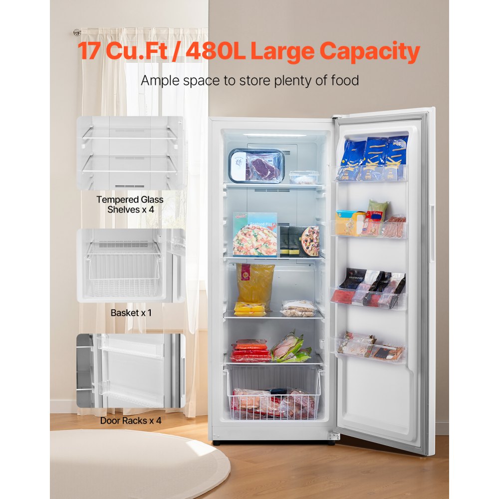 VEVOR Convertible Freezer/Refrigerator, 17 Cu.Ft Frost Free Upright Freezer with Temp Control Panel, Door Open too Long Alarm, Adjustable Shelves and LED, Standing Fridge for Kitchen, Office, Garage