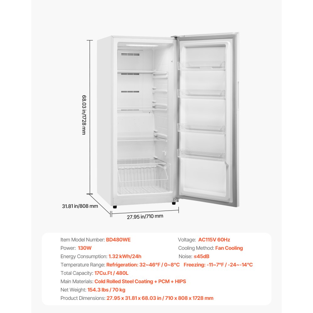 VEVOR Convertible Freezer/Refrigerator, 17 Cu.Ft Frost Free Upright Freezer with Temp Control Panel, Door Open too Long Alarm, Adjustable Shelves and LED, Standing Fridge for Kitchen, Office, Garage