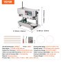 VEVOR band sealer with dimensions, power, material details, and accessories displayed.