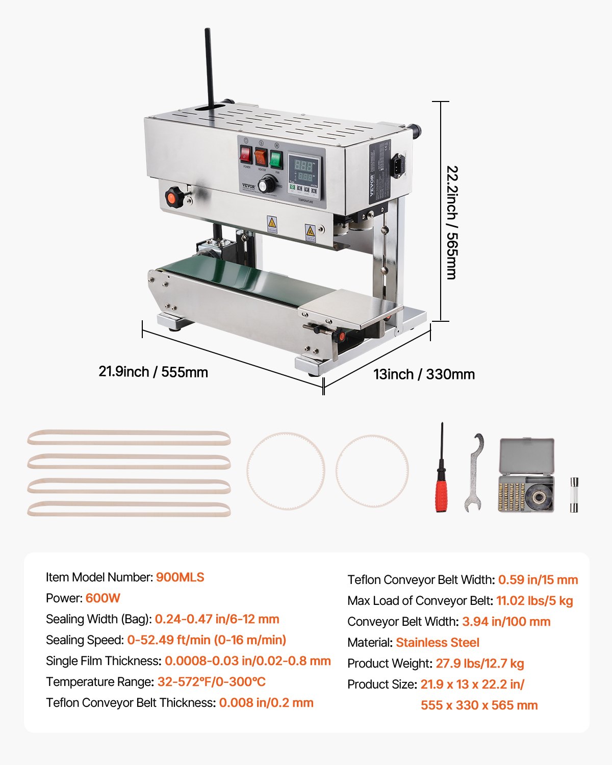 VEVOR Continuous Bag Band Sealing Machine, 0.24-0.47 in/6-12 mm Seal Width, Vertical Band Sealer Machine with Digital Temperature Control, Stainless Steel Bag Sealer for 0.02-0.8 mm Plastic Bags Films