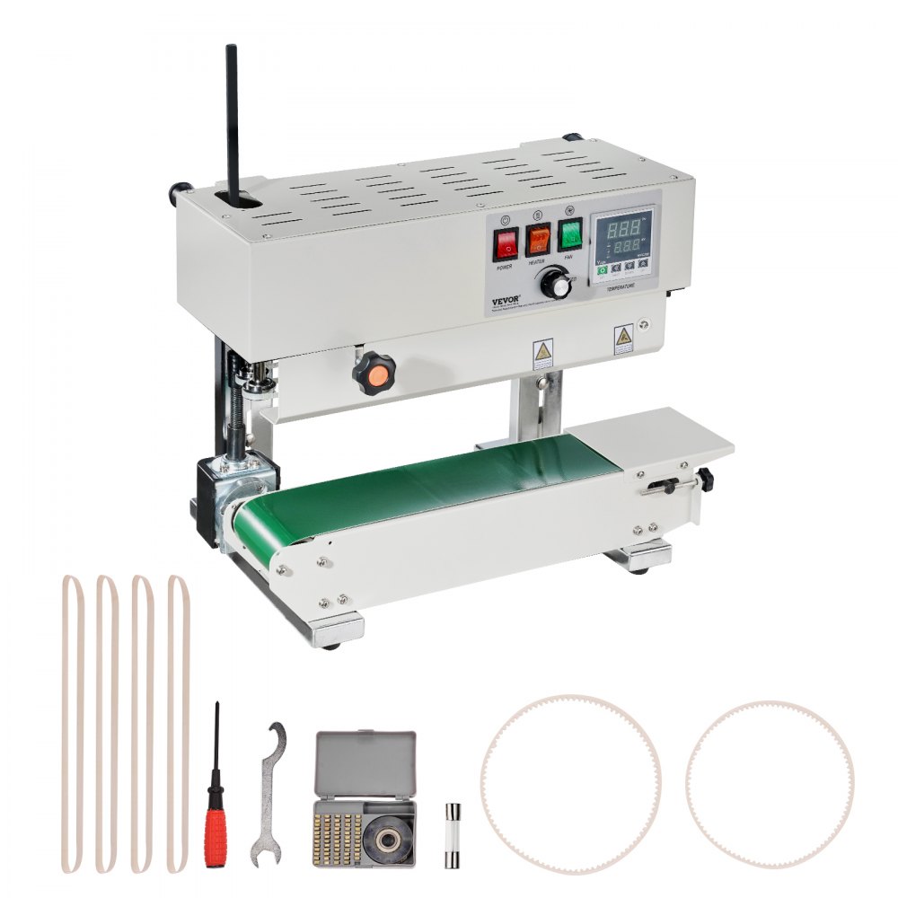 VEVOR bag sealing machine with conveyor belt, control panel, and essential accessories including tools.