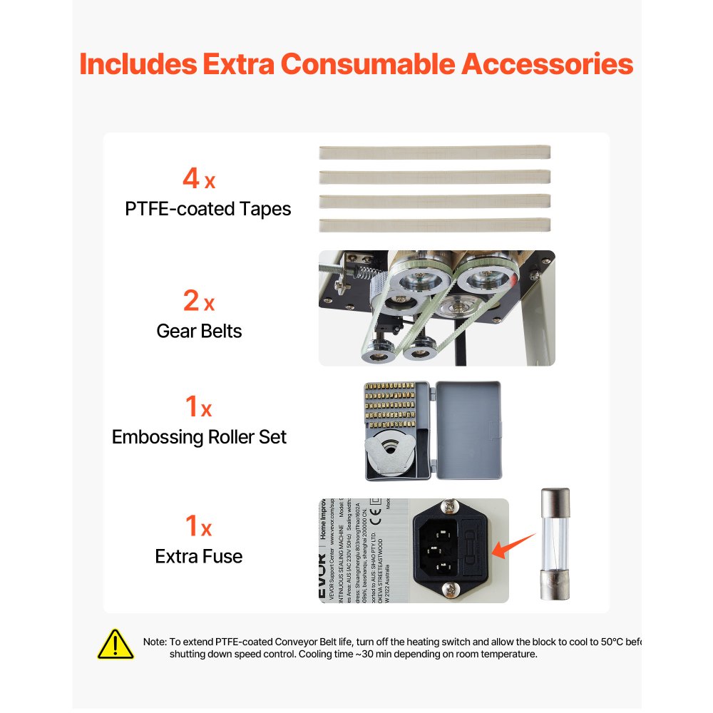 VEVOR kontinuerlig posebåndforsegler, 6-12 mm forseglingsbredde, vertikal båndforsegler med rulletryk, temperatur- og hastighedsjusterbar, varmeforsegler til 0,03-0,8 mm plastikposer
